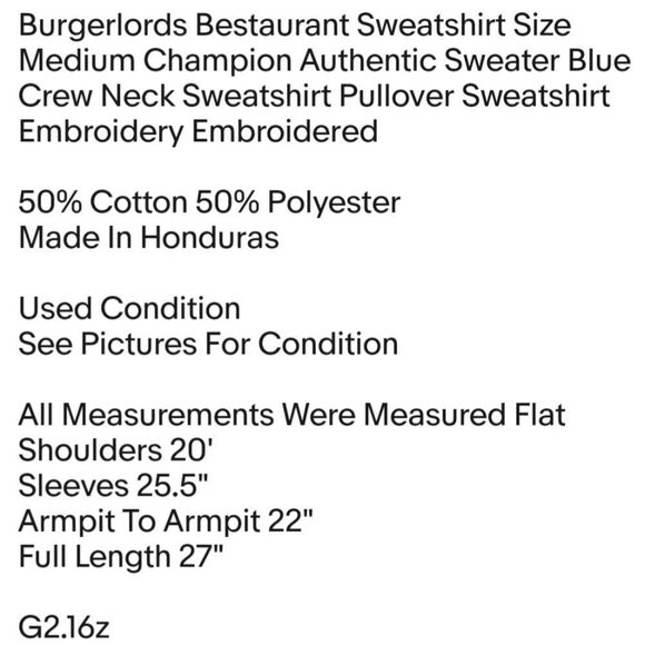 Burgerlords Bestaurant Sweatshirt Size Medium Champion Authentic Sweater Blue - Picture 2 of 7
